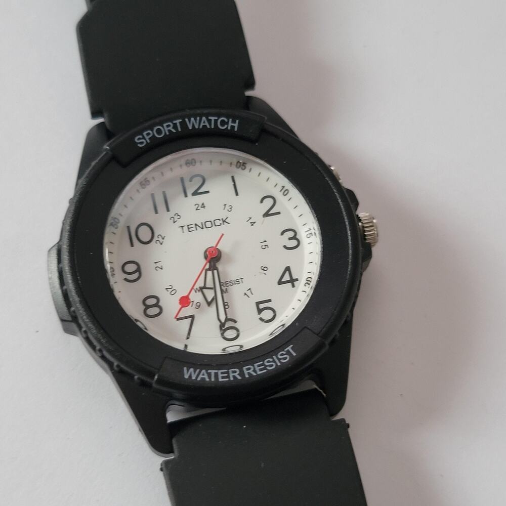 Tenock Watch Mens Black Sport Water Resistant Quartz White Dial Analog